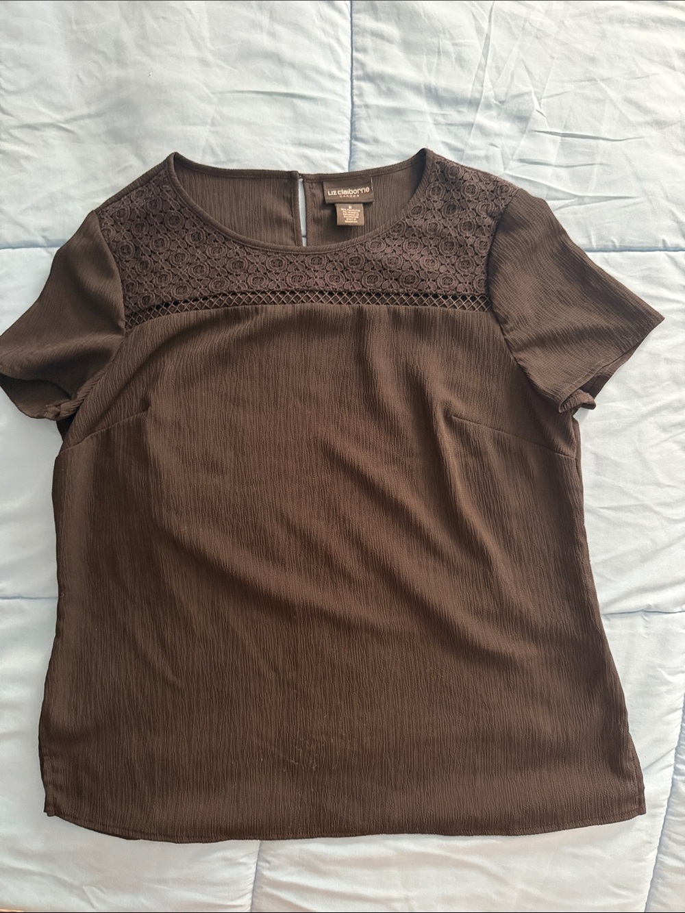 Liz Claiborne Black Short Sleeve Lace Yoke Top
